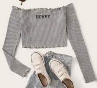 Off Shoulder Frill Trim Honey Graphic Top