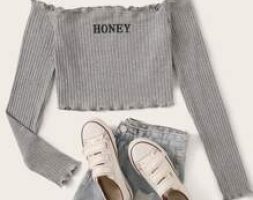 Off Shoulder Frill Trim Honey Graphic Top