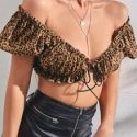 Off Shoulder Frill Trim Tie Front Leopard Top