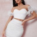 Off Shoulder Organza Sleeve Top & Ruched Skirt Set