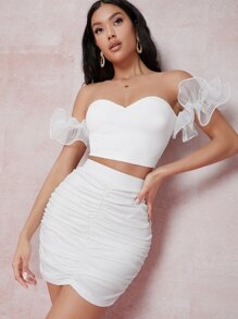 Off Shoulder Organza Sleeve Top & Ruched Skirt Set