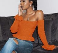 Off Shoulder Ruffle Trim Rib-knit Sweater