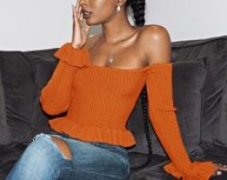 Off Shoulder Ruffle Trim Rib-knit Sweater