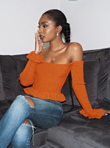 Off Shoulder Ruffle Trim Rib-knit Sweater