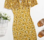 Off Shoulder Tie Front Ditsy Floral Dress