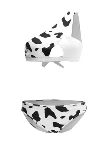 One Shoulder Cow Print Cut-out Bikini Swimsuit