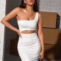 One Shoulder Cutout Waist Ruched Dress