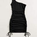 One Shoulder Drawstring Ruched Bodycon Dress