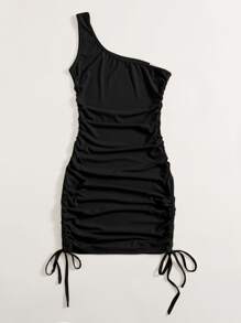 One Shoulder Drawstring Ruched Bodycon Dress