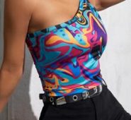 One Shoulder Marble Print Crop Tank Top