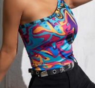 One Shoulder Marble Print Crop Tank Top