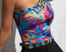 One Shoulder Marble Print Crop Tank Top