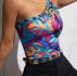 One Shoulder Marble Print Crop Tank Top