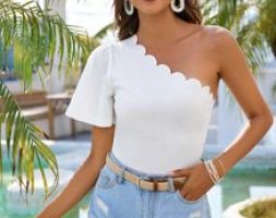 One Shoulder Scallop Edge Print Top