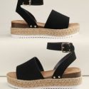 Open Toe Buckled Ankle Flatform Espadrille Sandals