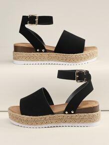 Open Toe Buckled Ankle Flatform Espadrille Sandals