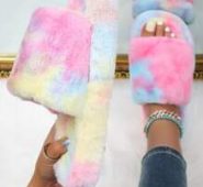 Open Toe Colorblock Fluffy Slippers