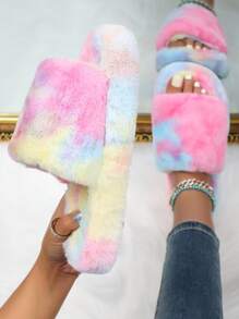 Open Toe Colorblock Fluffy Slippers