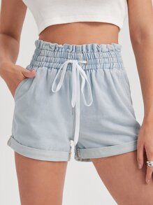 Paperbag Waist Drawstring Denim Shorts