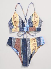 Patchwork Print Bikini Swimsuit