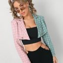 Peak Neck Tartan Print Crop Blazer