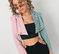 Peak Neck Tartan Print Crop Blazer
