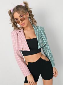 Peak Neck Tartan Print Crop Blazer