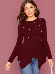 Pearl Embellished Hanky Hem Peplum Top