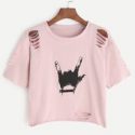 Pink Love Gesture Print Ripped T-shirt