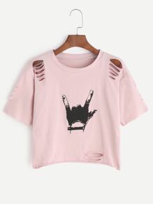 Pink Love Gesture Print Ripped T-shirt