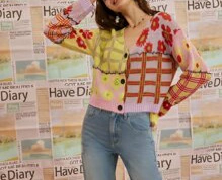 Plaid And Flower Pattern Color Block Contrast Seam Cardigan