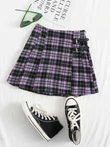 Plaid Buckled Pleated Mini Skirt