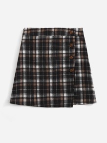 Plaid Button Decor Skirt