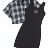 Plaid Button Front Blouse & Cartoon Bear Embroidery Ribbed Dress