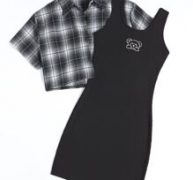 Plaid Button Front Blouse & Cartoon Bear Embroidery Ribbed Dress