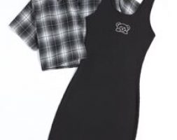 Plaid Button Front Blouse & Cartoon Bear Embroidery Ribbed Dress