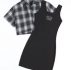 Plaid Button Front Blouse & Cartoon Bear Embroidery Ribbed Dress