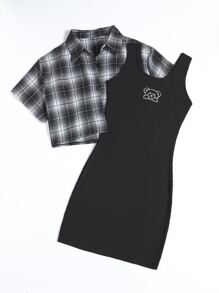 Plaid Button Front Blouse & Cartoon Bear Embroidery Ribbed Dress