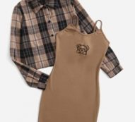 Plaid Button Front Blouse & Cartoon Embroidery Ribbed Cami Dress