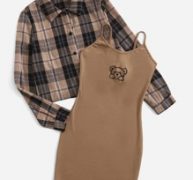 Plaid Button Front Blouse & Cartoon Embroidery Ribbed Cami Dress