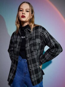 Plaid Button Front Pocket Blouse