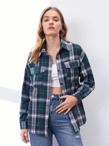 Plaid Button Front Pocket Blouse