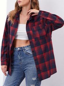 Plaid Button Front Pocket Blouse