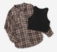 Plaid Button Front Pocket Blouse & Solid Tank Top