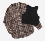 Plaid Button Front Pocket Blouse & Solid Tank Top