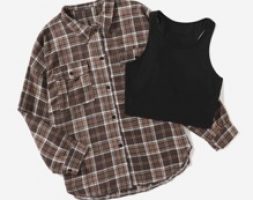 Plaid Button Front Pocket Blouse & Solid Tank Top