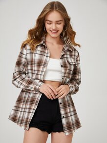 Plaid Button Front Pocket Blouse