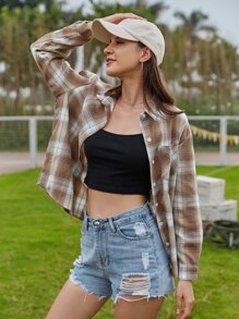 Plaid Button Front Pocket Drop Shoulder Blouse