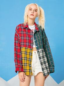 Plaid Colorblock Button Front Blouse