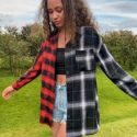 Plaid Colorblock Button Front Pocket Blouse